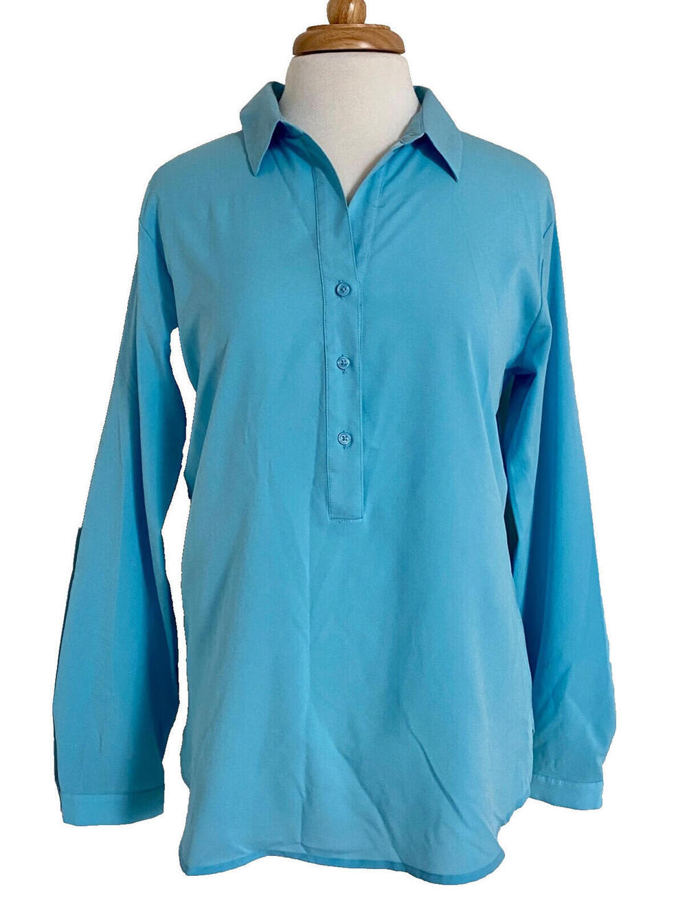 Van Heusen Blue 1/2 Button-Front Knit Top Collared Blouse Long Sleeve L